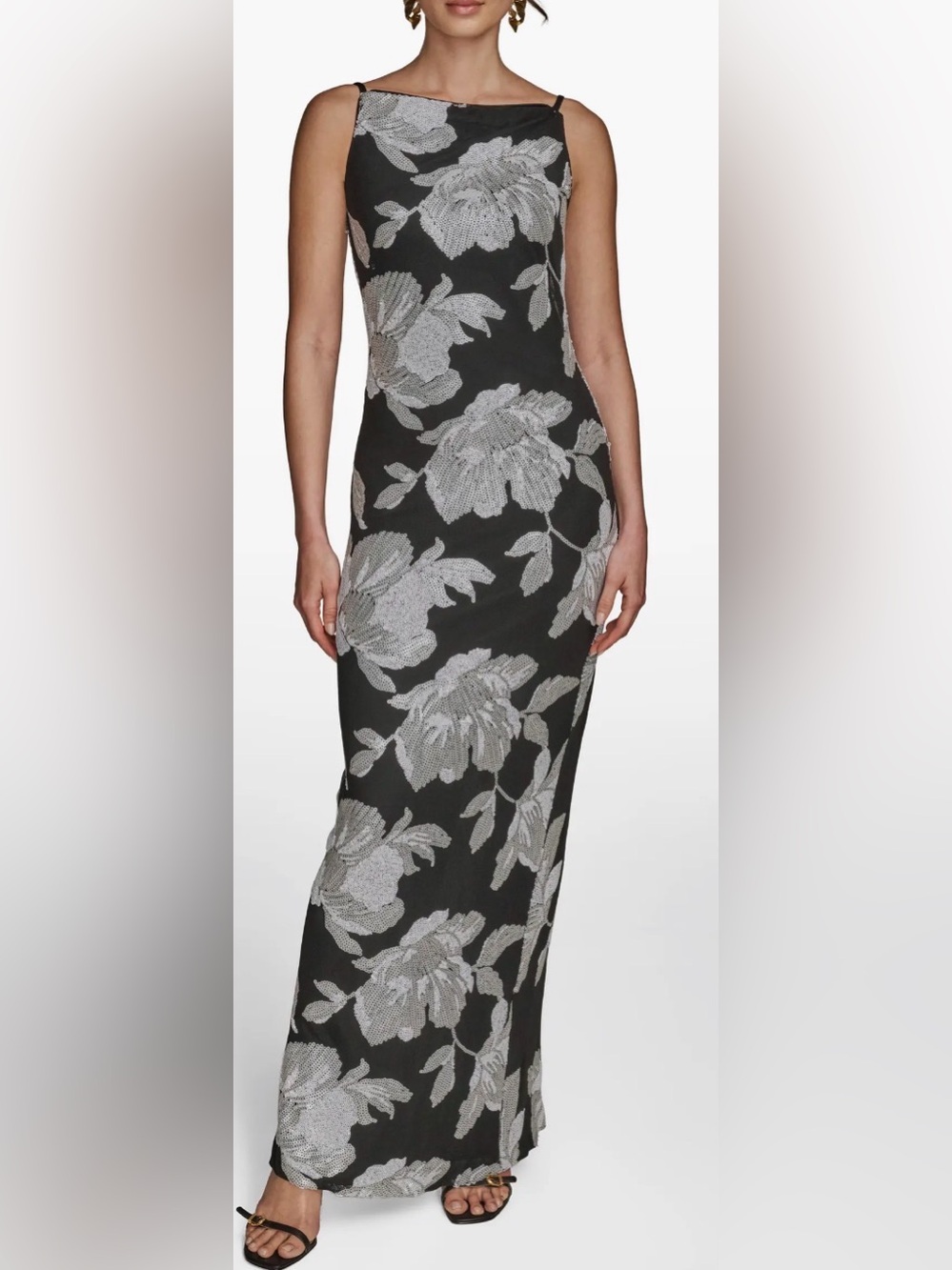 NEW Donna Karan New York Sequin Black and white Floral Sheath Gown Sz 10